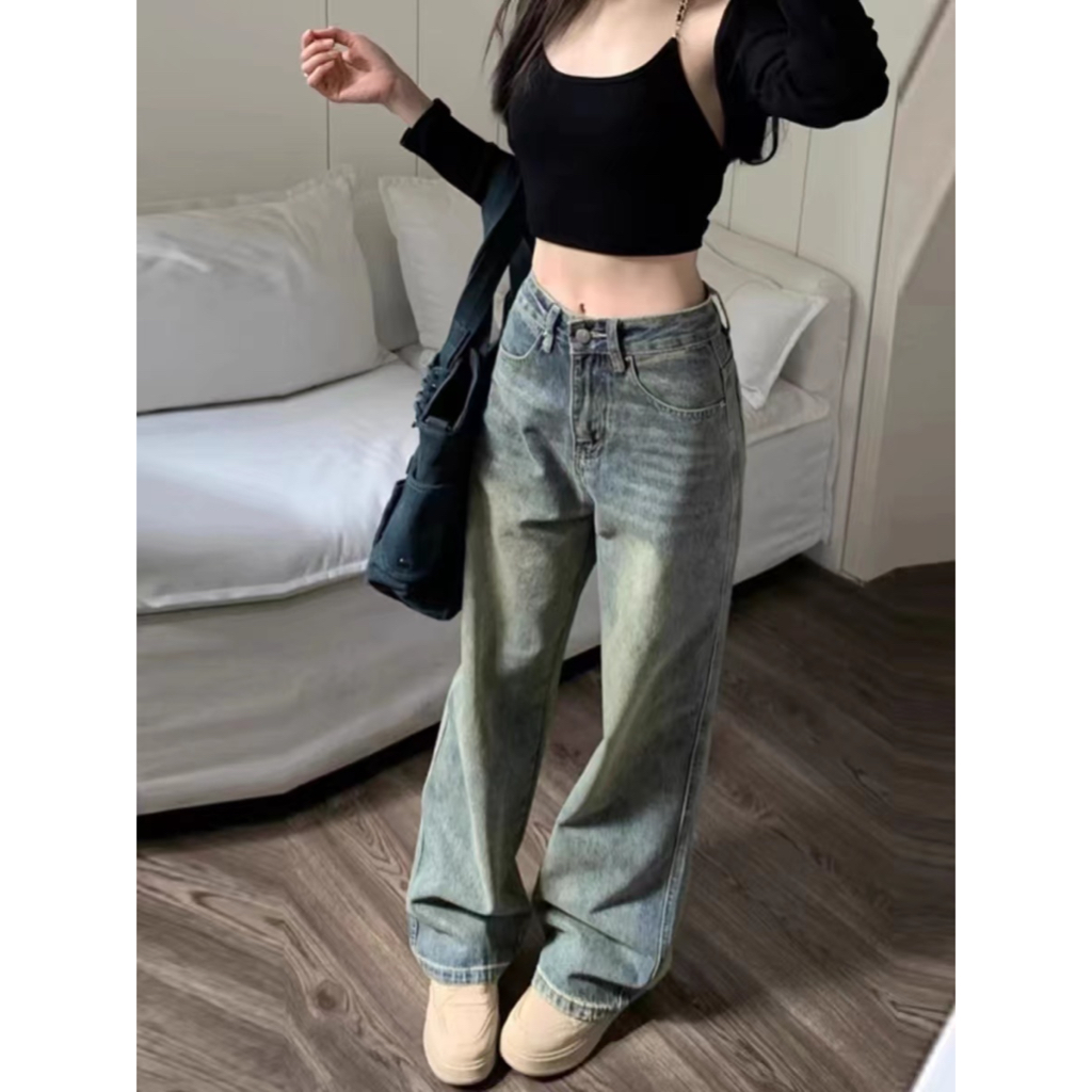 กางเกงยีนขาบาน เอวสูง ลําลอง สีฟ้า #9933 - รูปที่ 2