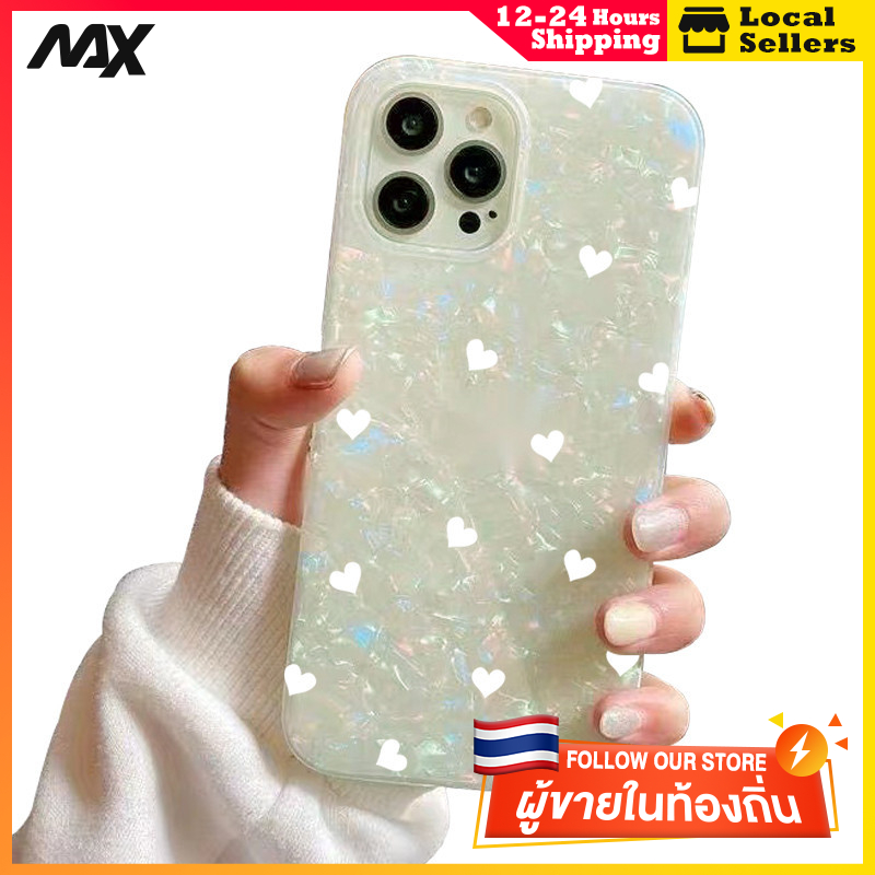 เคสไอโฟน13 กรณีเชลล์รูปแบบกระดาษแข็ง รักสีขาวเล็กๆน้อยๆ for IPhone 13 15 7Plus 14 12 11 Pro MAX 8 6 7 6S Plus X XR XS