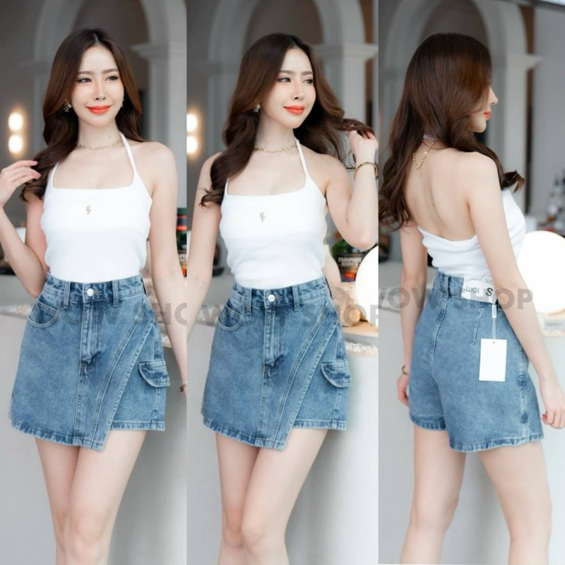 กางเกงกระโปรง ยีนส์ไม่ยืด ดีไซน์ป้ายหน้า แต่งกระเป๋าคาร์โก้ #WW953