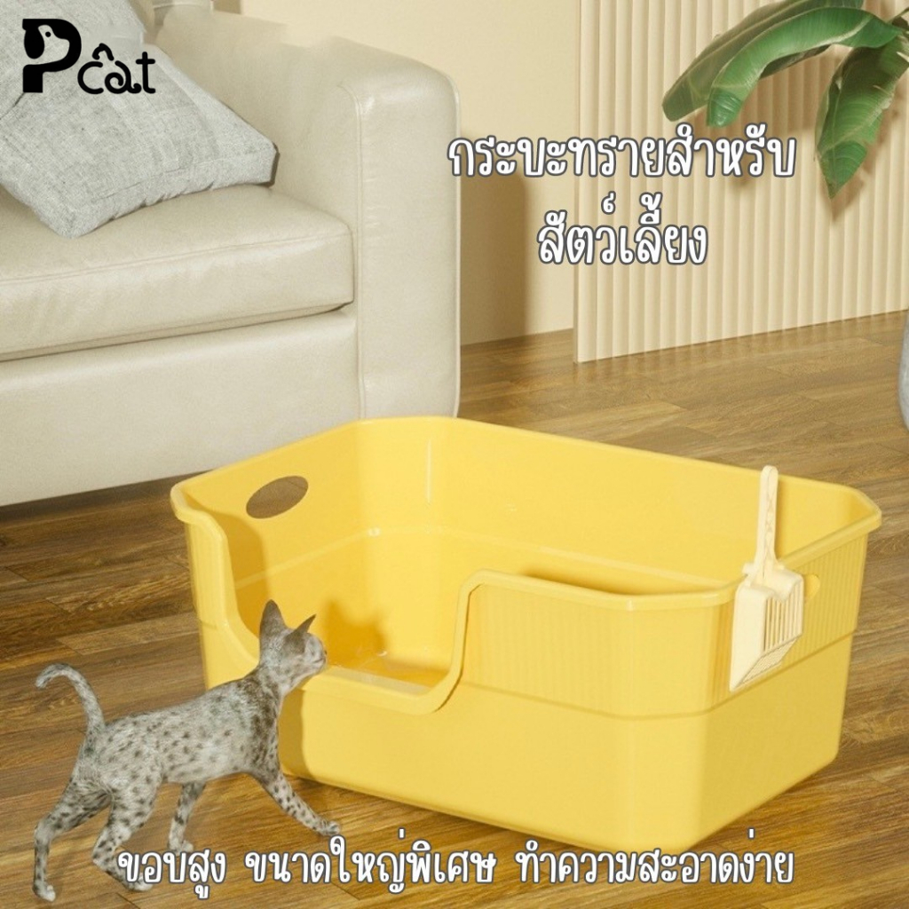 PP C44 ห้องน้ำแมว กระบะทรายแมวขนาดใหญ่ รุ่นขอบสูงสูงโปร่งกันกระเด็น กระบะทรายแมวพร้อมที่ตัก