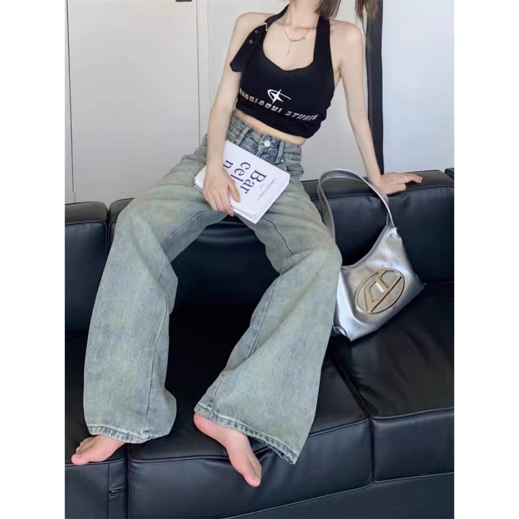 Women Summer New American Style Ins High Street Retro Jeans Niche High Waist Wide Leg Plus Size Pants - รูปที่ 3
