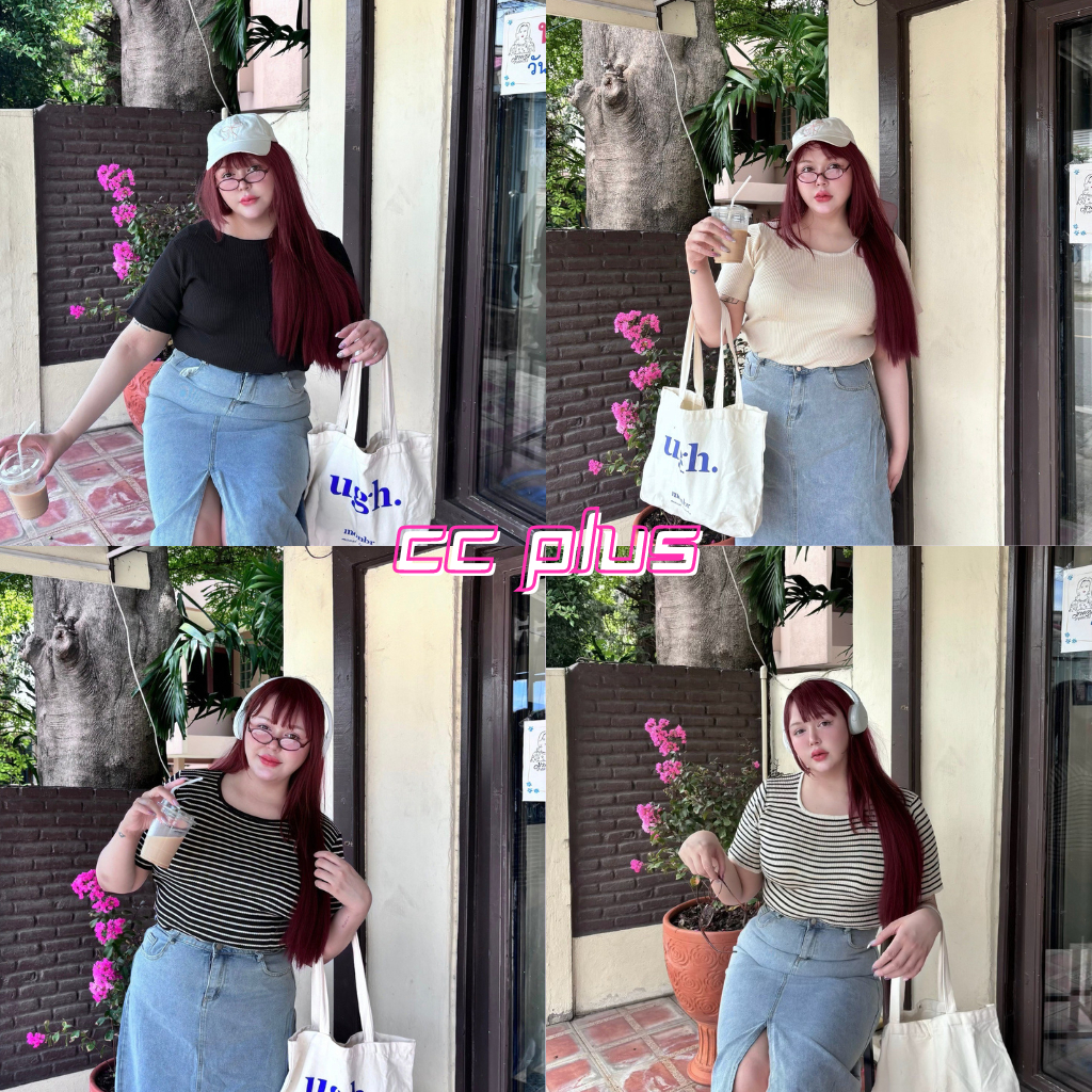 CiCi plus+ (A2143) เสื้อยืดไหมพรมลายทาง/สีพื้นคอกลม ผ้ายืด สไตล์สาวพลัสไซส์