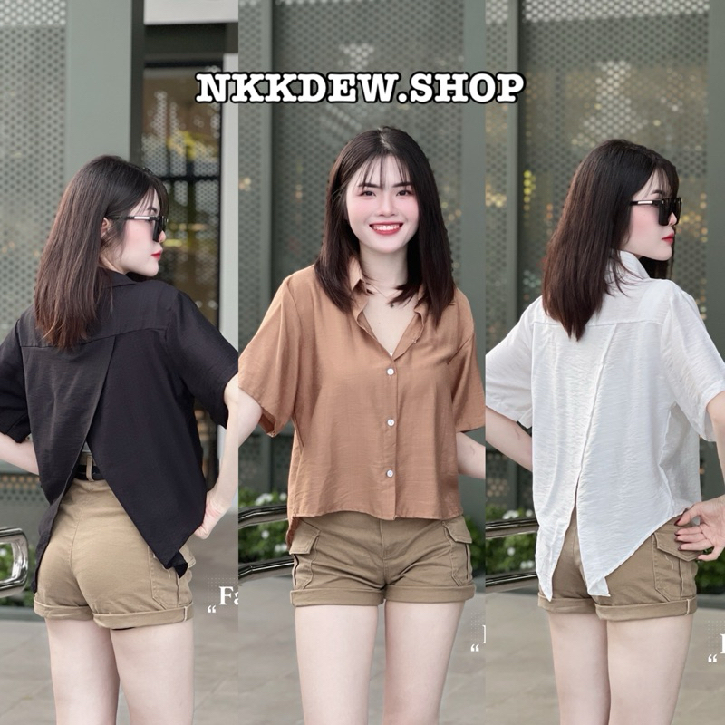พร้อมส่ง🖤เสื้อเชิ้ต คอปก🔺แขนสั้น🔺แต่งผ่าด้านหลัง ผ้า cotton สลาฟ มีสีพื้น/ลายริ้ว