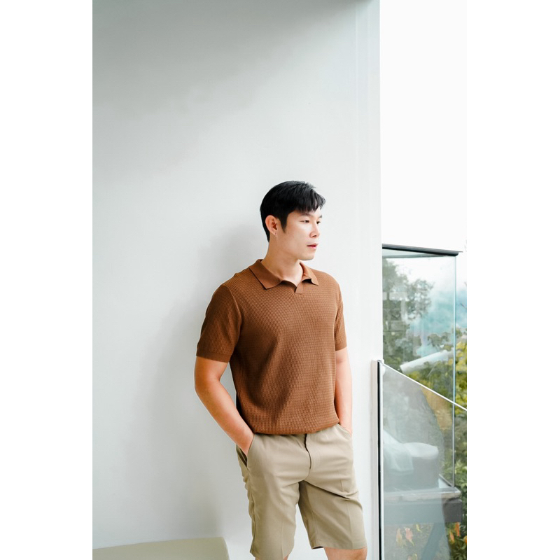 ROBMAN เสื้อโปโลผู้ชาย สีน้ำตาล คอปก ไม่มีกระดุม จัมพ์แขน จัมพ์เอว ทรงสวย Style เกาหลี สายฝอ RM1006 High Quality Shirt