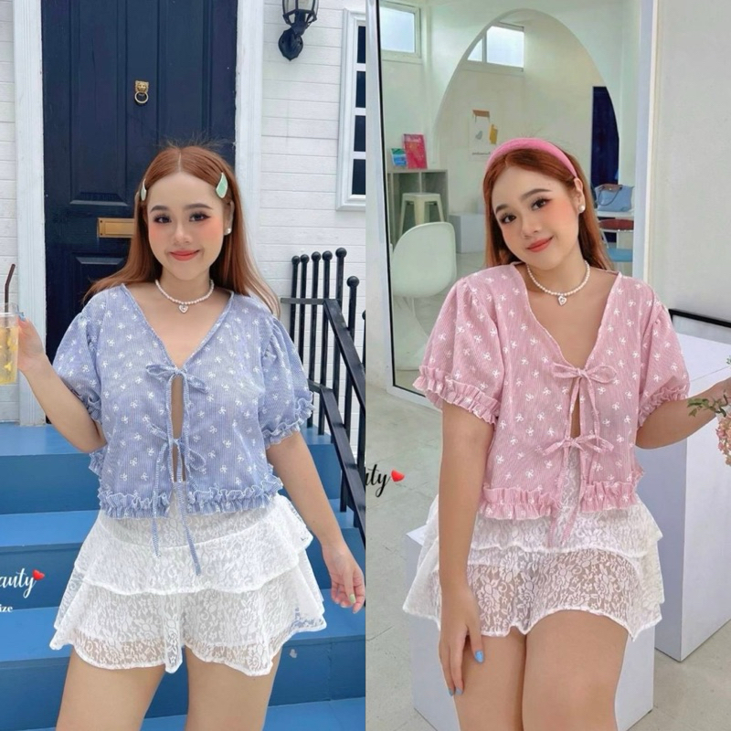 /FB/ เสื้อสาวอวบ ลายโบว์ ผ่าหน้า ผูกโบว์ #เสื้อผ้าไซส์ใหญ่ สาว อ้วน พลัสไซส์