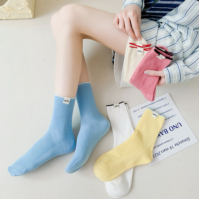 S010 ถุงเท้าสไตล์ญี่ปุ่น ผ้าฝ้าย ข้อกลาง สีสดใส
