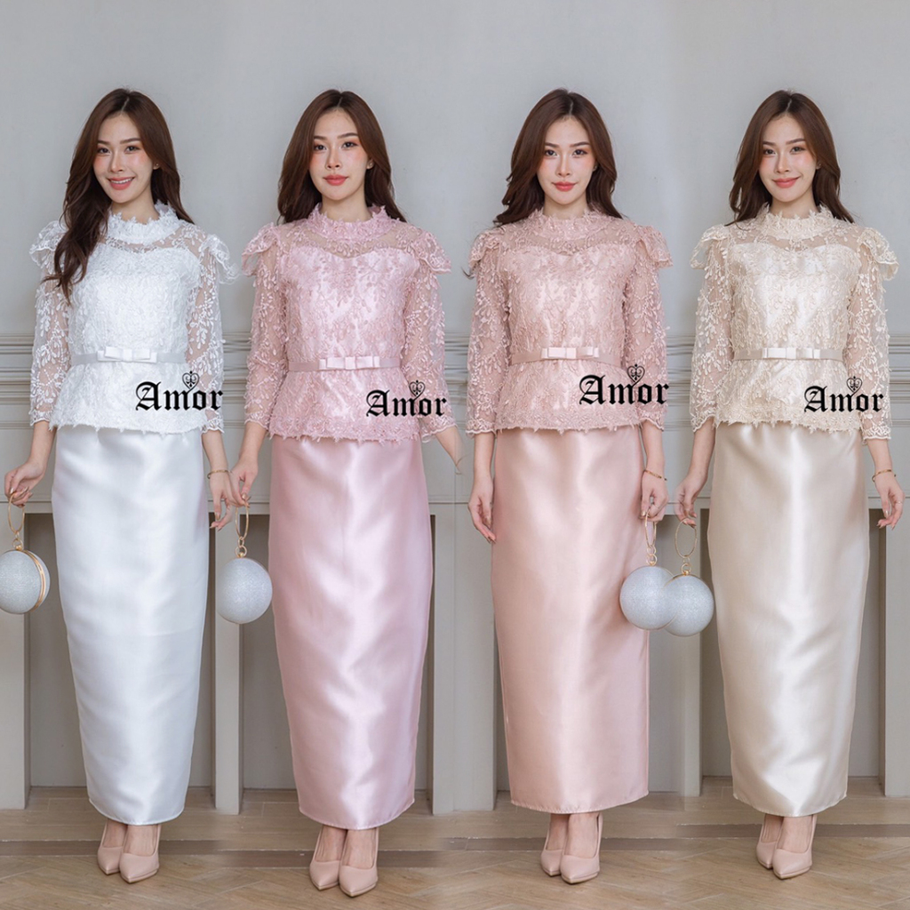M-4XLชุดไทยประยุกต์ ใส่ทำบุญ เสื้อลูกไม้+กระโปรงยาว สีชมพู/โรสโกลด์/ครีมทอง/ขาว