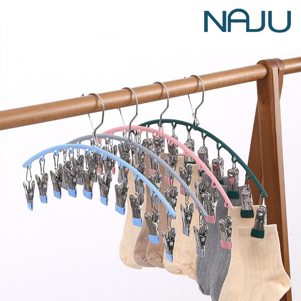 Naju ไม้แขวนเสื้อตัวหนีบ พวงหนีบผ้า Pinch hanger 10ตัวหนีบ สำหรับหนีบผ้าเช็ดหน้า ชุดชั้นใน ถุงเท้า ประหยัดเนื้อที่