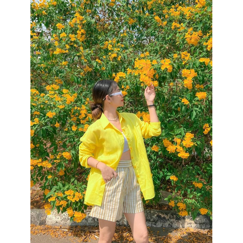 เสื้อเชิ้ตลินินแท้ 100% งานเกรดพรีเมี่ยม โทนสีเขียว🌲เหลือง💛