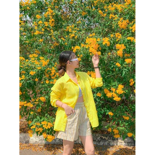 เสื้อเชิ้ตลินินแท้ 100% งานเกรดพรีเมี่ยม โทนสีเขียว🌲เหลือง💛