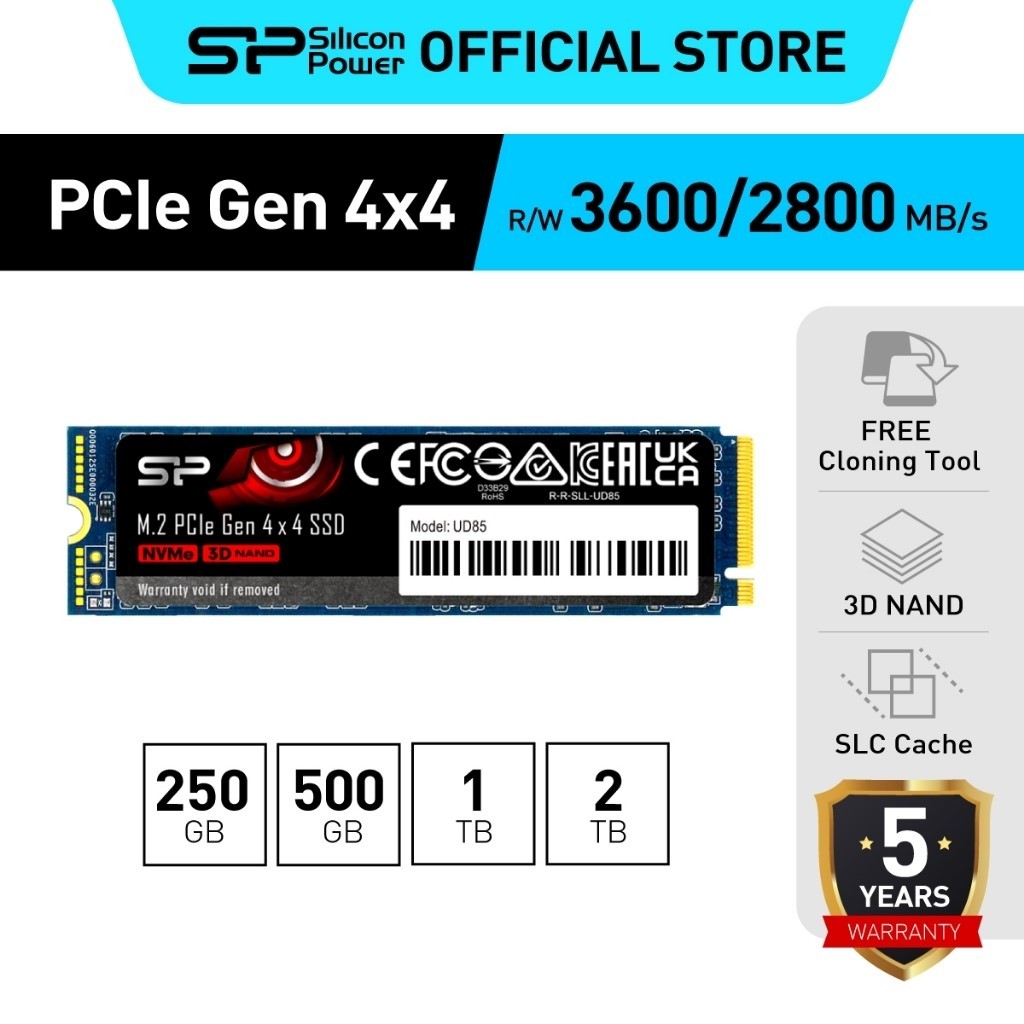 Silicon Power SSD (เอสเอสดี) M.2 NVMe 250GB/ 500GB/ 1TB/2TB- PCIe Gen 4x4 2280 รุ่น UD85 สำหรับ Laptop/PC รับประกัน 5 ปี