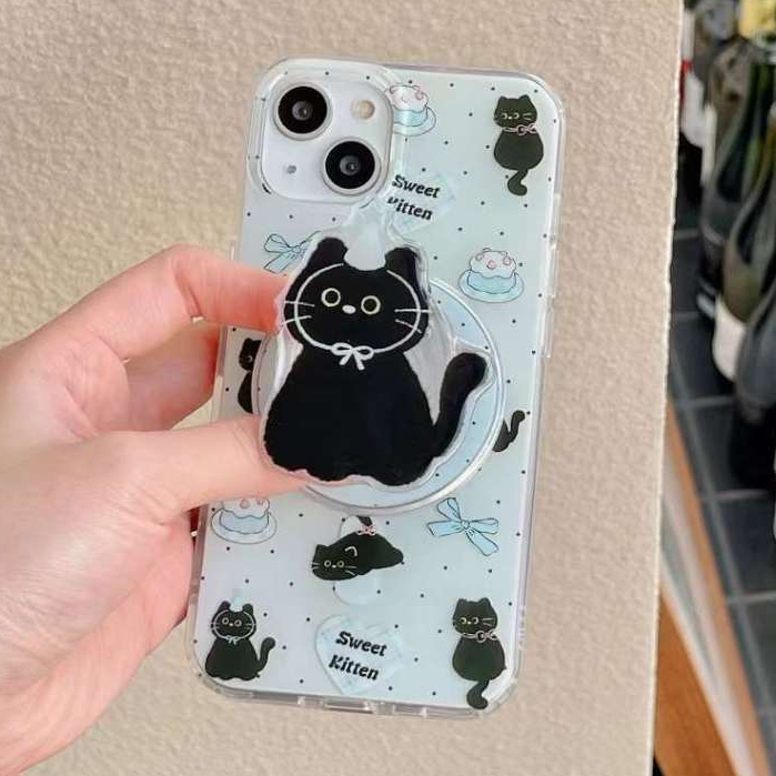 ใหม่ แม่เหล็ก ขาตั้ง การ์ตูน ลูกแมว เคสไอโฟน 15 14 13 12 pro max หวานสวย น่ารัก สีฟ้า ป้องกันการตก case for iPhone 12