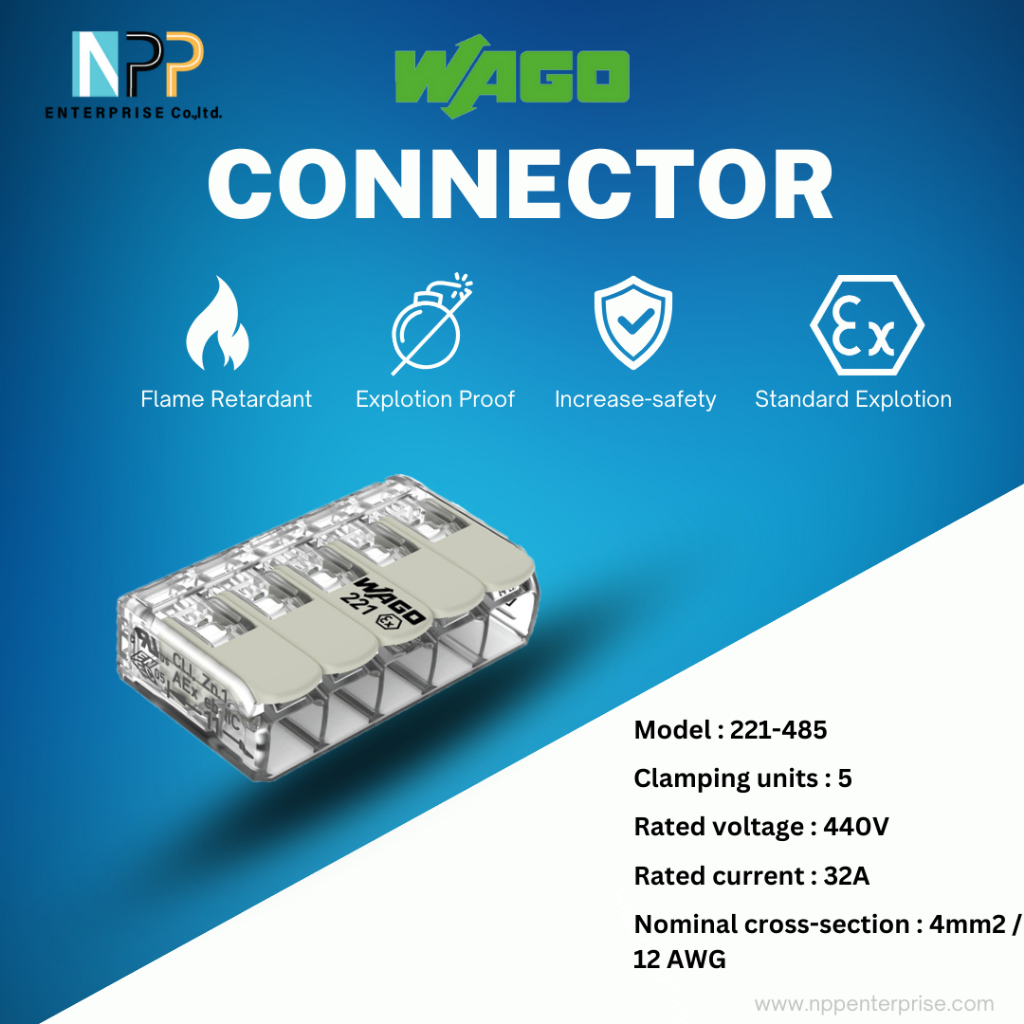 Wago อุปกรณ์เชื่อมสายไฟ Terminal Connecter Explosion Proof 5ช่อง 4มม. [221-485 / 1 ชิ้น] ของแท้ 100%