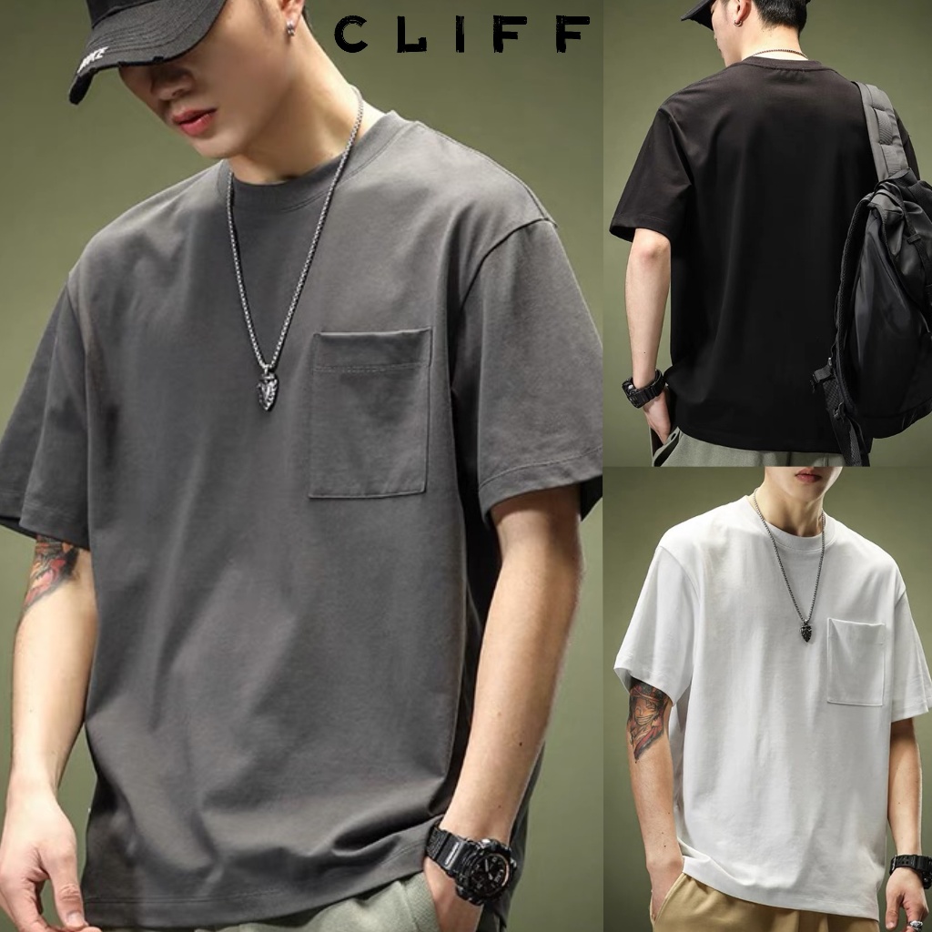 CLIFF -COD✅แขนสั้นสีล้วนแมทช์ลุคง่าย เสื้อยืดผู้ชาย การออกแบบกระเป๋า 3สีเลือกได้