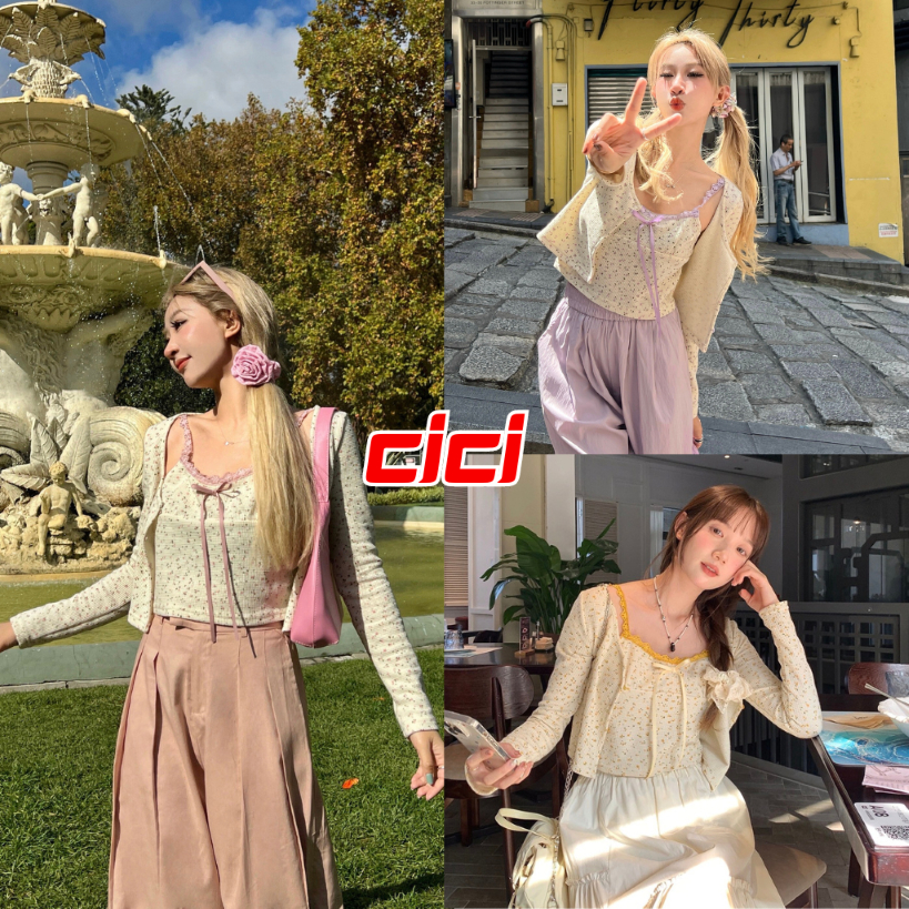 Cici(NO.J1206)Set 2 ชิ้น เสื้อสายเดี่ยว สายลูกไม้ดีเทลน่ารัก+เสื้อคลุมลายดอกไม้ ใส่เซทคู่กันน่ารักชัวร์จ้า