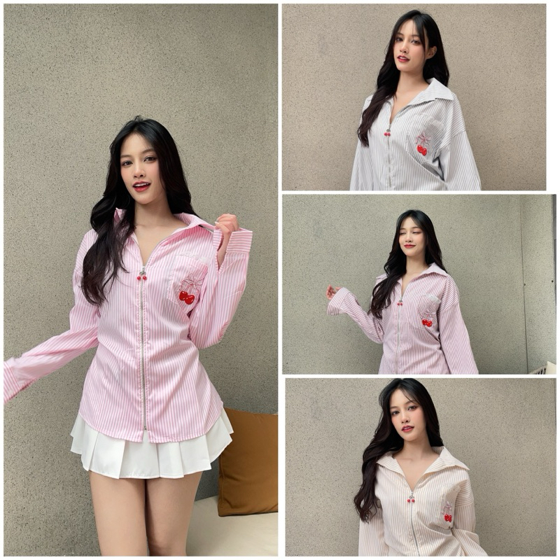 NO.471 CHERRY STRIPE SHIRT เสื้อเชิ้ตแต่งซิป ลายทาง ปักเชอร์รี่