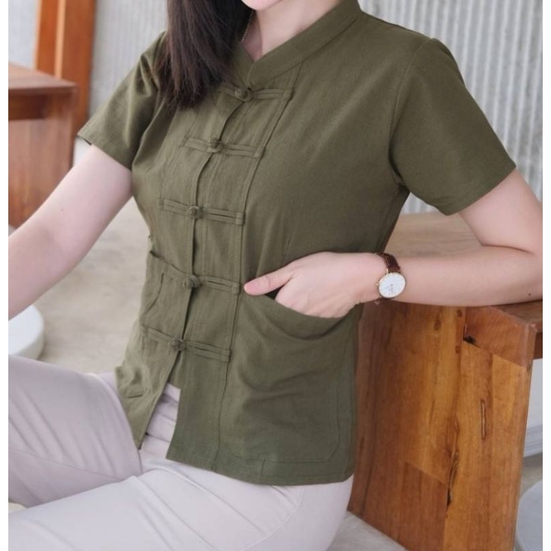 เสื้อผ้าฝ้ายคอจีนกระดุมขอด รุ่นมีกระเป๋า