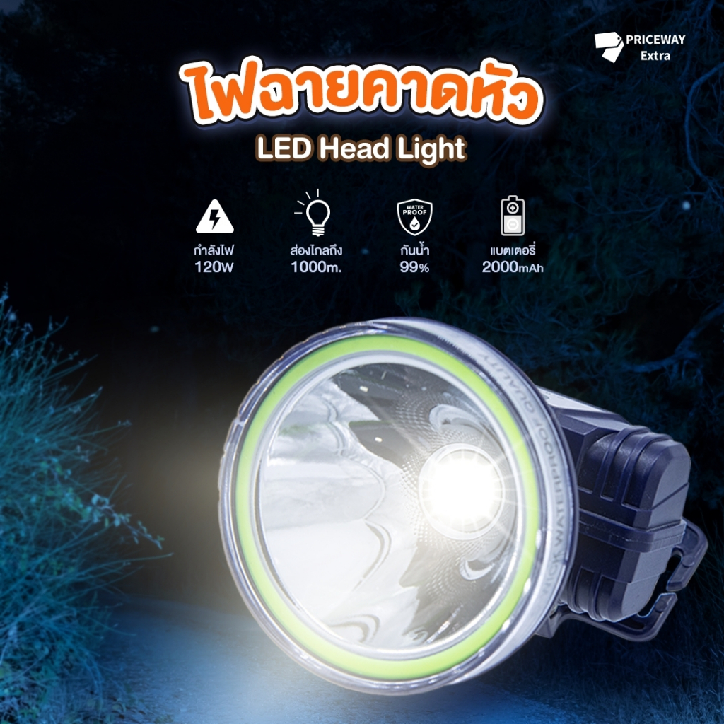 ไฟฉายคาดหัว LED ส่องไกล 1000 ม. กันน้ำ 99% แบตอึด 12 ชม. กำลังไฟ 120W ใช้กรีดยาง เดินป่า ล่าสัตว์
