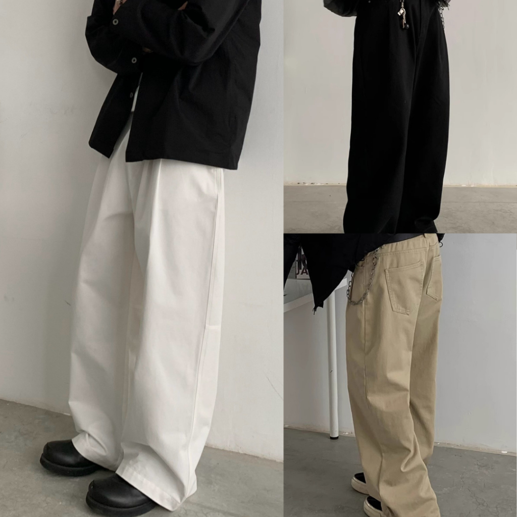 StylePop กางเกงขายาวผู้ชาย ขากระบอกใหญ่ (เอวยืดได้ ผ้าหนา) ทรง Work Wear Casual Pants [HR05]