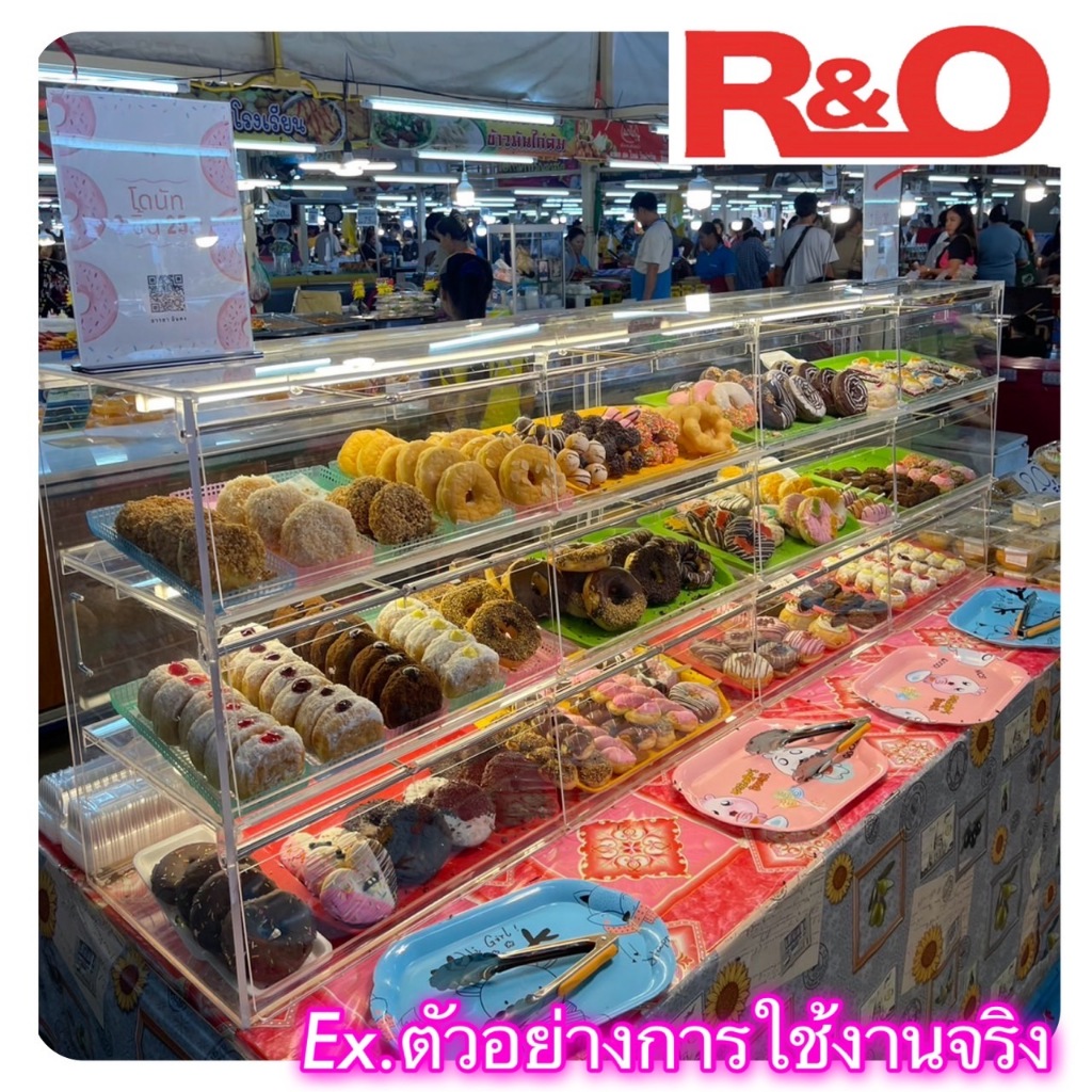roacrylic ตู้โชว์อาหาร รุ่น 3 ชั้น มีฝาปิด-เปิด สีใส ขนาด 120x40x70 cm.