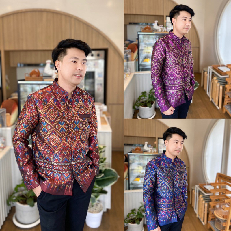 เสื้อเชิ้ตคอจีนผ้าไทย : ใส่ทำงานผู้ชาย แขนยาวทรงสวยใส่สบาย ผ้าทออัดกาวทั้งตัว ใส่แล้วดูดีมาก