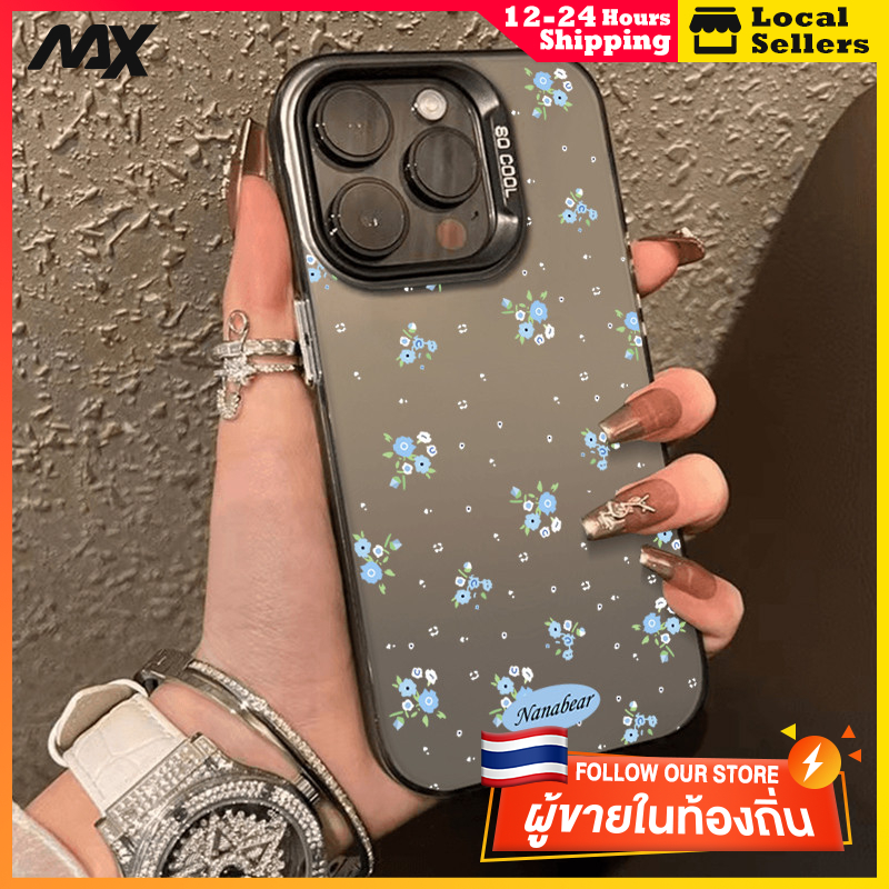 สีดำหรูหราซิลิโคนแข็งกรณีโทรศัพท์ ดอกไม้สีฟ้า for IPhone 13 12 7Plus 14 15 11 Pro MAX 8 6 7 6S Plus X XR XS