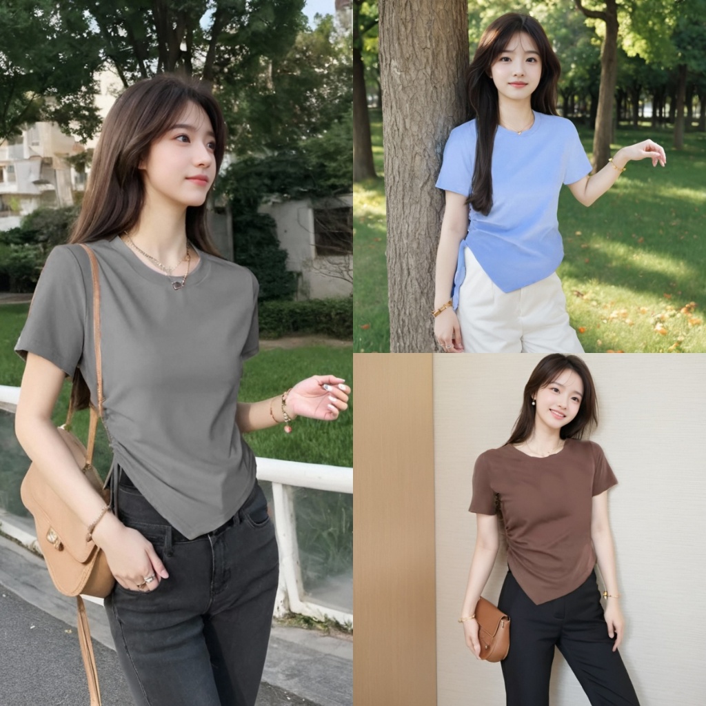 เสื้อยืดแขนสั้นสีทึบสำหรับผู้หญิง ฤดูร้อน บาง ระบายอากาศได้ ที่เน้นความสบายและเป็นแฟชั่นไฮเอนด์