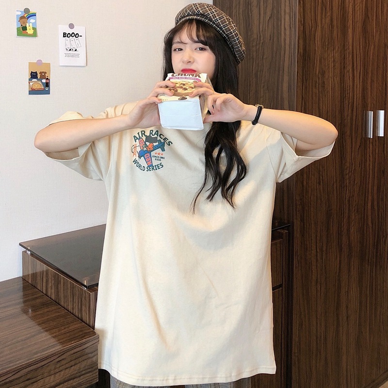 เสื้อยืดแขนสั้นสไตล์ฮ่องกงสำหรับผู้หญิง เสื้อสไตล์เกาหลีทรงหลวม มี 3 สี ผ้านุ่มระบายอากาศได้ดี