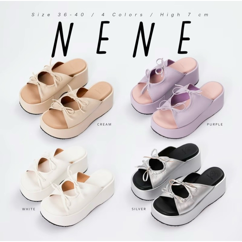 NENE รองเท้าส้นตึกผู้หญิง สูง 7 cm. 4 สีน่ารักๆ ผูกโบว์เก๋ๆ