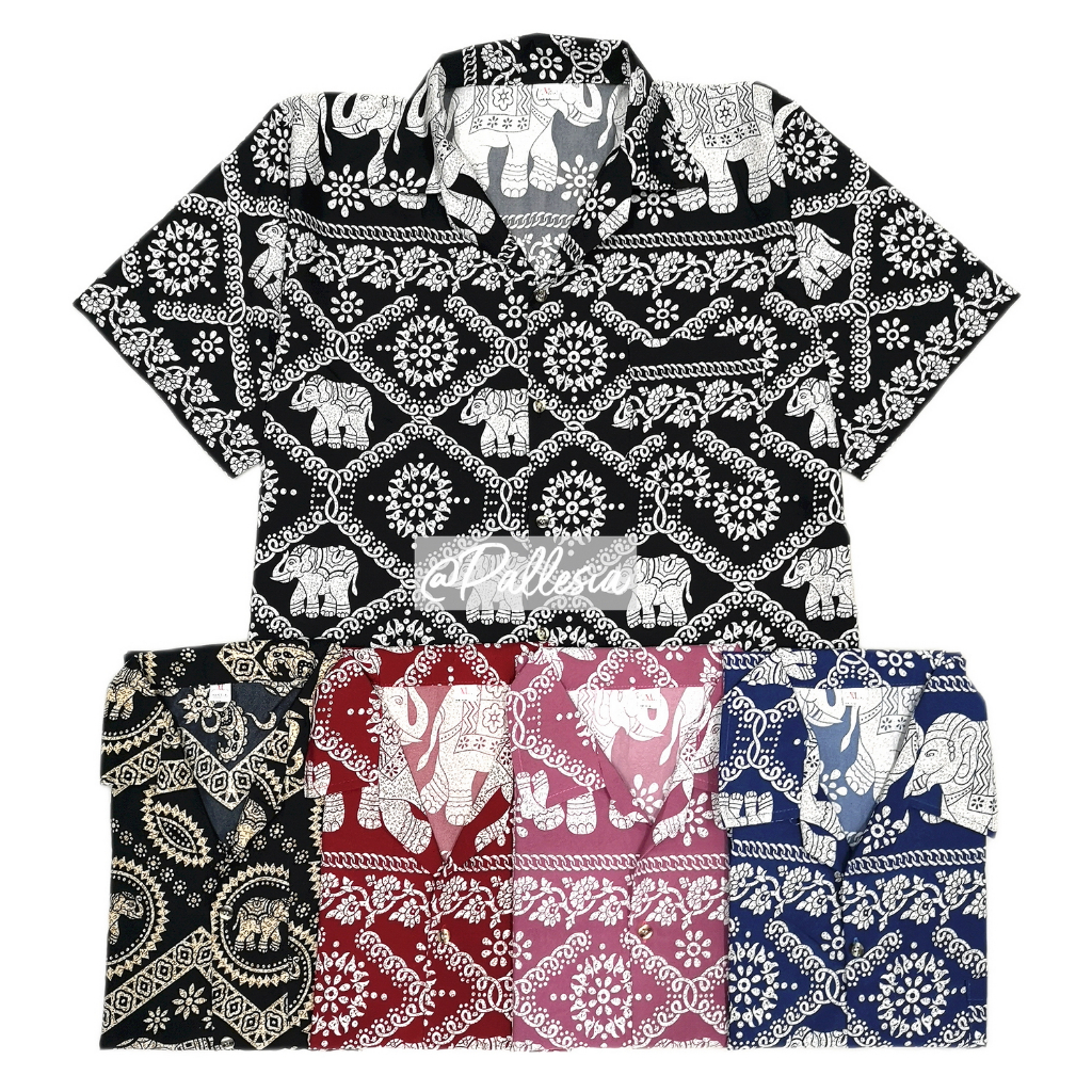 7ไซส์ S-4XL งานไทย เสื้อลายช้าง ไหมอิตาลี เสื้อเชิ้ตฮาวาย hw801