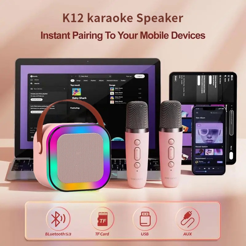 แบบพกพา Mini K12 ลำโพงบลูทูธไมโครโฟนของแท้ RGB ไมโครโฟนคู่ แบบพกพา ร้องคาราโอเกะไร้สายกลางแจ้งขนาดเล็ก