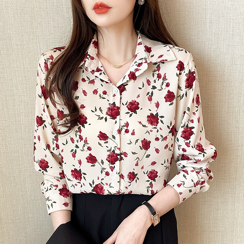 berry pink เสื้อเชิ้ตแขนยาวคอปกผ้าชีฟองลายดอกไม้ poloเสื้อย้อนยุคแฟชั่นเนื้อผ้าดีทรงหลวม มาใหม่