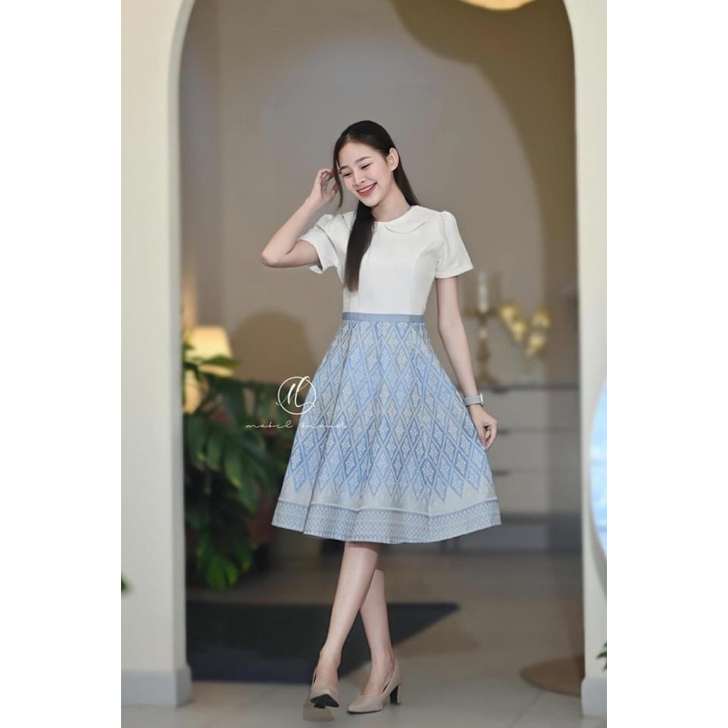 ชุดผ้าไทย ชุดทำงาน ชุดเดรส ทอทั้งชุด สีฟ้า งานป้าย Mabel