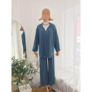 ชุดเชตผ้าพลีทคอวีจีบแขนยาวจั้มปลายแขนทรงสวยงานตัใหญ่ Hh37