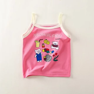 Babyonline(Y406)B5 (ส่งด่วน1วัน)เสื้อสายเดี่ยวแฟชั่นเด็กผู้หญิงสกรีนลายการ์ตูนสุดเท่ ผ้าฝ้าย นิ่ม