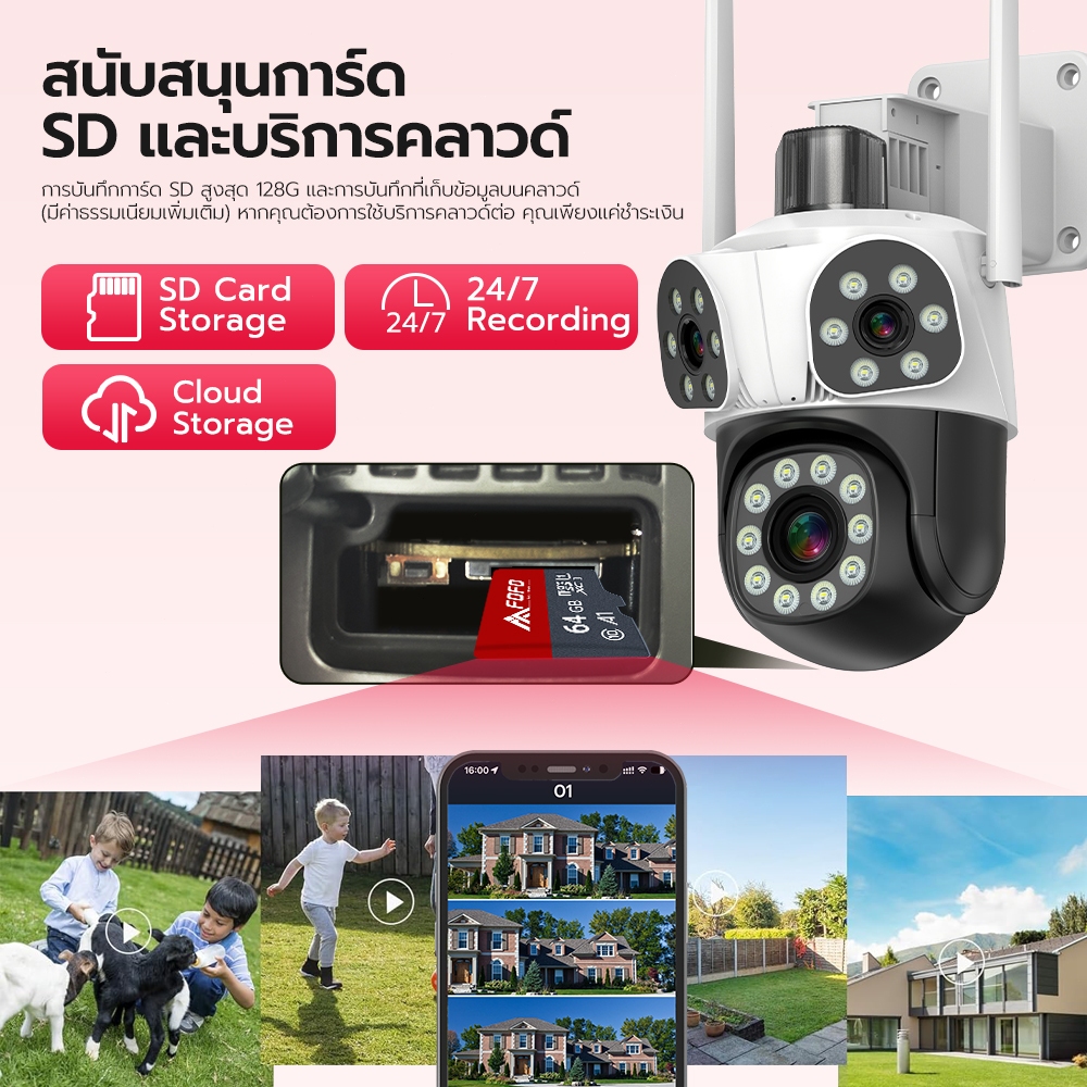 กล้องวงจรปิดไร้สาย 4K WiFi 3เลนส์ 3หน้าจอ กลางแจ้ง กันน้ำ 360 องศาการเฝ้าระวังไม่มีมุมตาย 10X Zoom