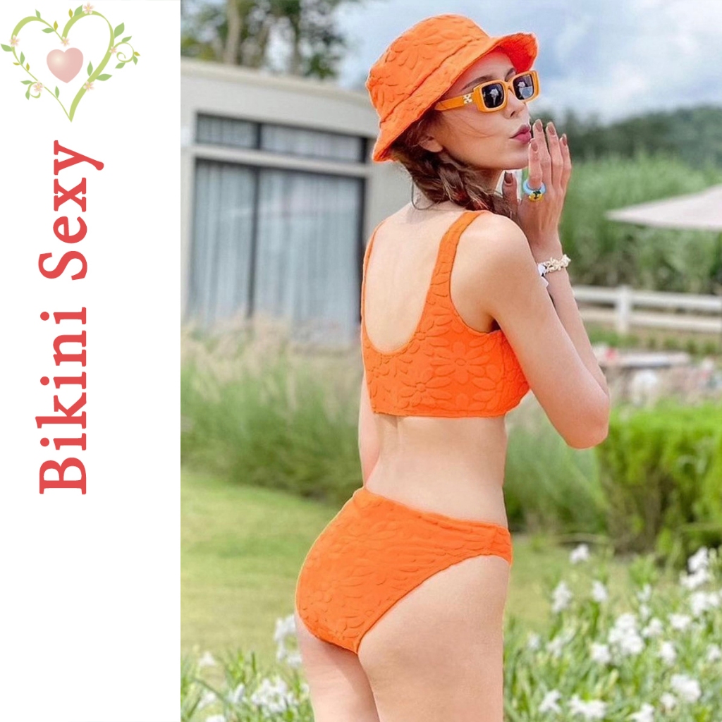 BikiniSexy 👙👙  ชุดว่ายน้ําหญิง เที่ยวทะเล ผ้าขนหนู ลายดอกไม้ สีทึบ มีฟองน้ำ ส่งจากไทย - รูปที่ 2