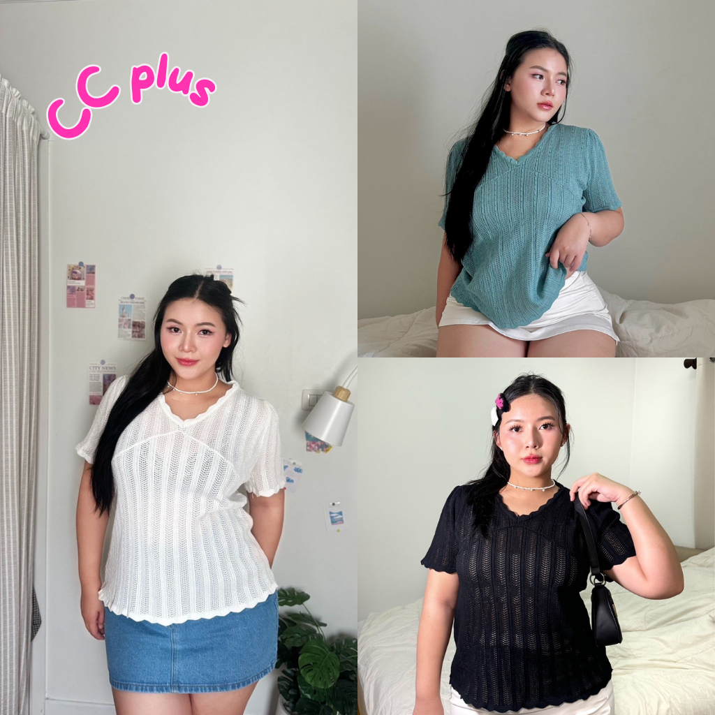 CiCi Plus+ (A2161) เสื้อคอวีแขนสั้น detail งานผ้าถักงานแต่งระบายเหมาะสำหรับสาวเกาหลี