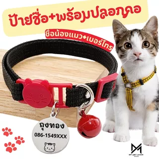 ป้ายชื่อแมว+ปลอกคอ ป้ายน้องแมว พร้อมปลอกคอ กระดิ่งคละสี (จี้สแตนเลส)