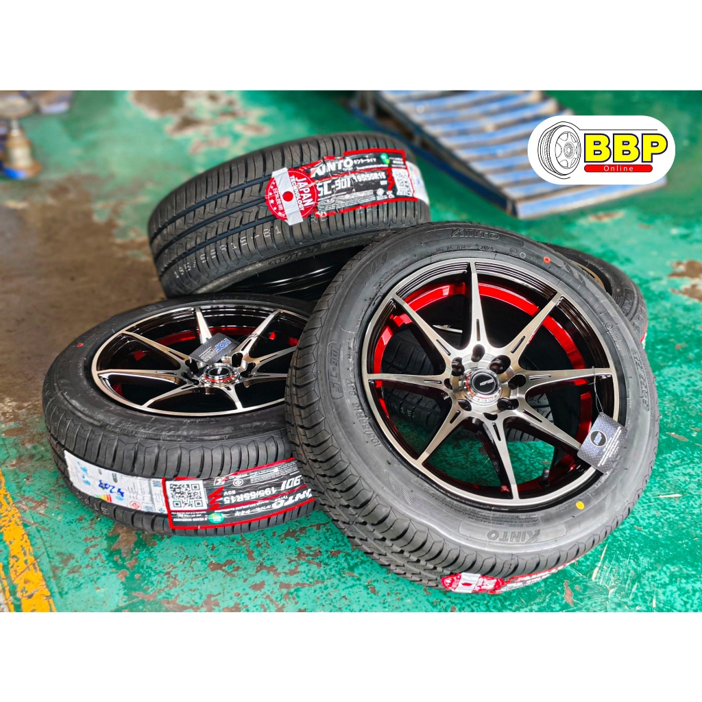 แม็กขอบ15 ท้องแดง ประกอบยาง Kinto 195/55R15 ปี 25 (4ล้อ)