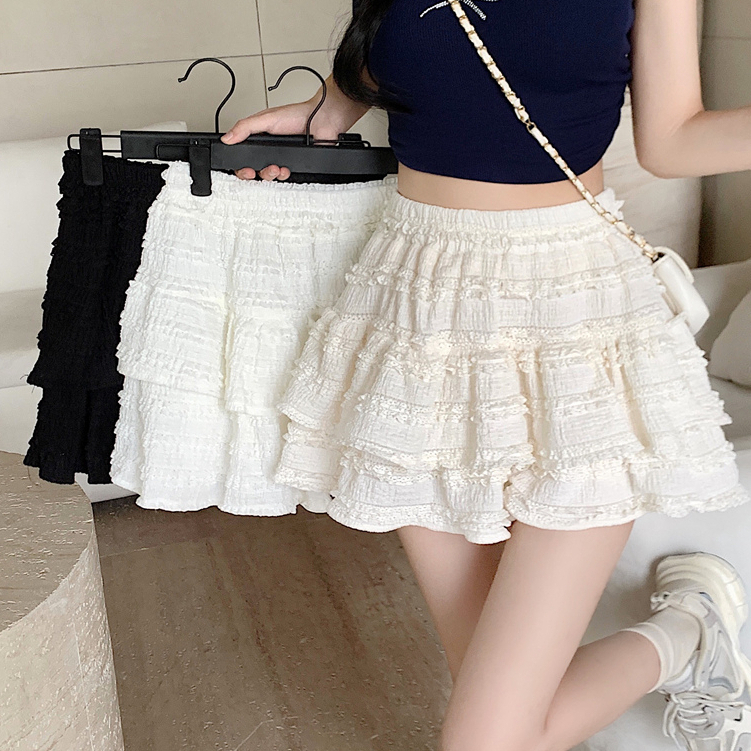 กระโปรง กระโปรงสั้น สไตล์สาวฝรั่งเศส ลูกไม้ลูกไม้ เอวยางยืด#2362