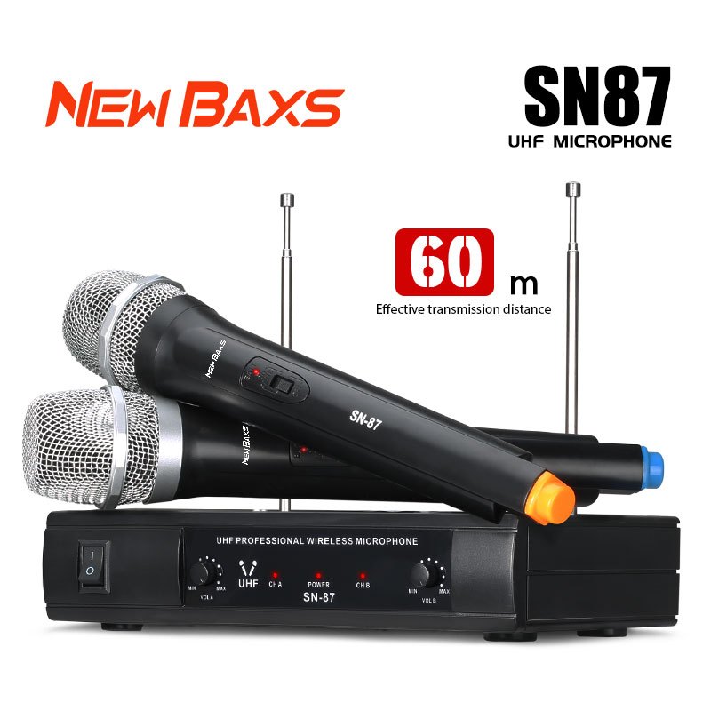 NEW BAXS SN87 2 ไมโครโฟนไร้สายแบบใช้มือถือรับระยะทาง 60 เมตร UHF สายความถี่คงที่ปาร์ตี้ครอบครัว