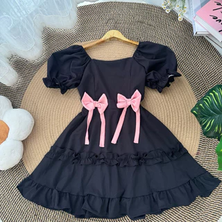 Dress bow 2 (โบว์ คู่ ) ระบายชั้นแขนตุ๊กตา อก 32-42 “