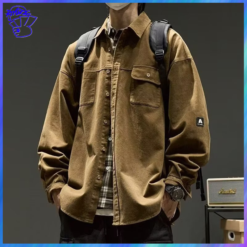 (ในสต็อก)เสื้อเชิ้ต Workwear ชาย Japanese ผ้าฝ้ายหลวมพอดีกับแขนยาว เสื้อลำลองสไตล์อเมริกันวินเทจ