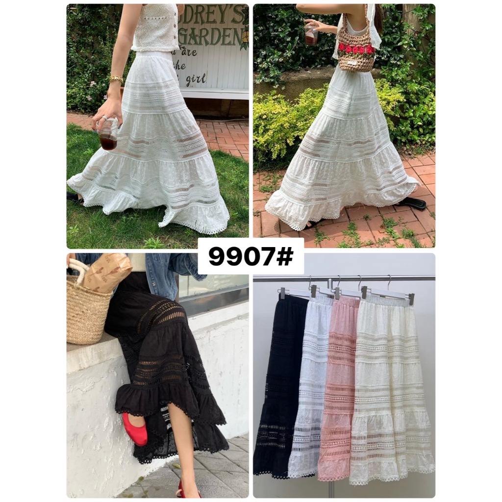 กระโปรงยาวผ้าคอตตอลแต่งช่วงต่อลูกไม้ ชายกระโปรงแต่งระบาย #9907