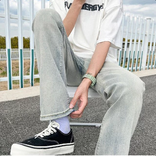 beerbroth-กางเกงยีนส์ผู้ชาย ยีนส์ทรงกระบอกเล็ก Straight jeans สีอ่อน สไตล์เกาหลี ทรงวินเทจ