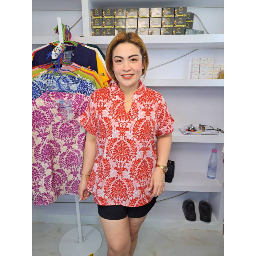 ก1//เสื้อคอจีนลายไทยผ้าไหมอิตาลี ฟรีไซ38-46นิ้ว ยาว25นิ้ว หน้าผ้า46นิ้ว ราคา119บาท