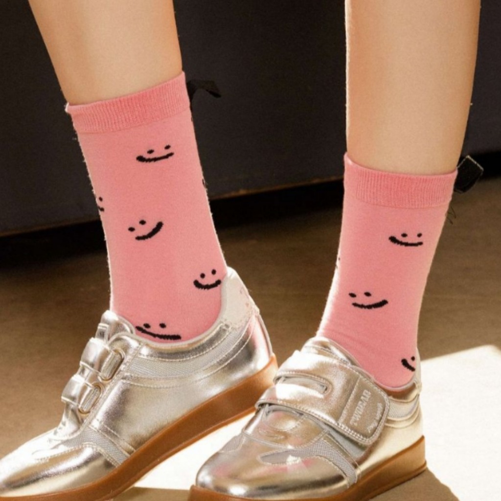 MIX'S SOCKS ถุงเท้าข้อยาว ผ้าคอตตอน smile สีชมพู และอารมณ์ต่างๆ