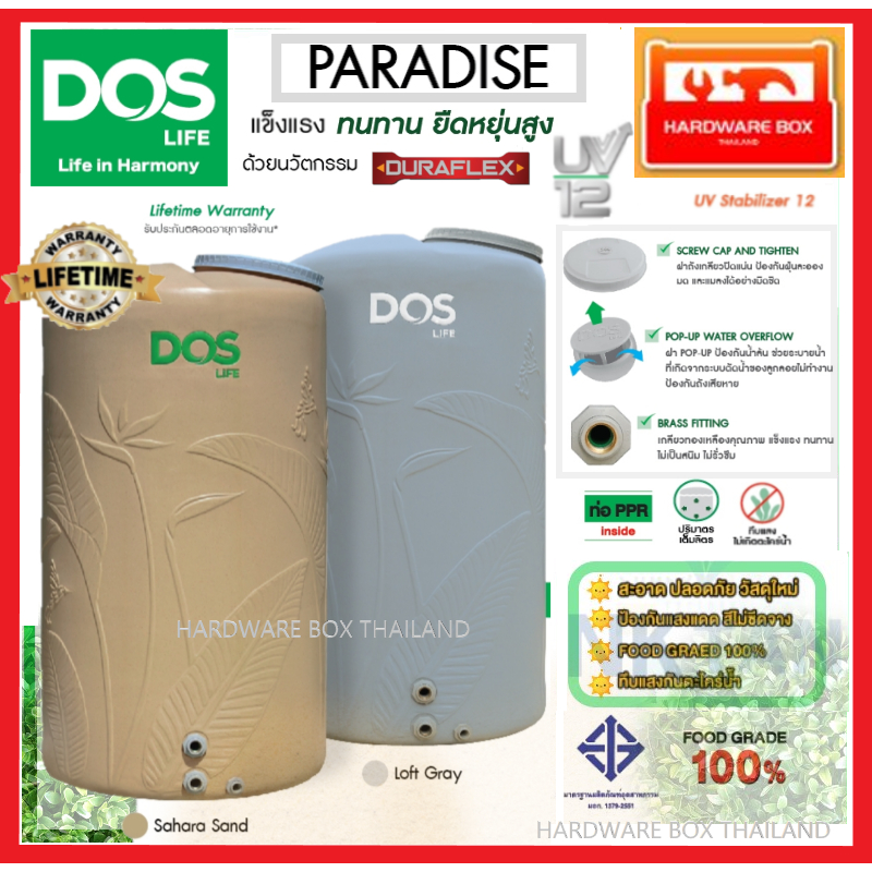 ส่งฟรี🚚 ถังเก็บน้ำ DOS รุ่น PARADISE หน้าแปลนทองเหลือง เดินท่อภายใน ป้องกันUV12 + ลูกลอยก้านทองเหลือง
