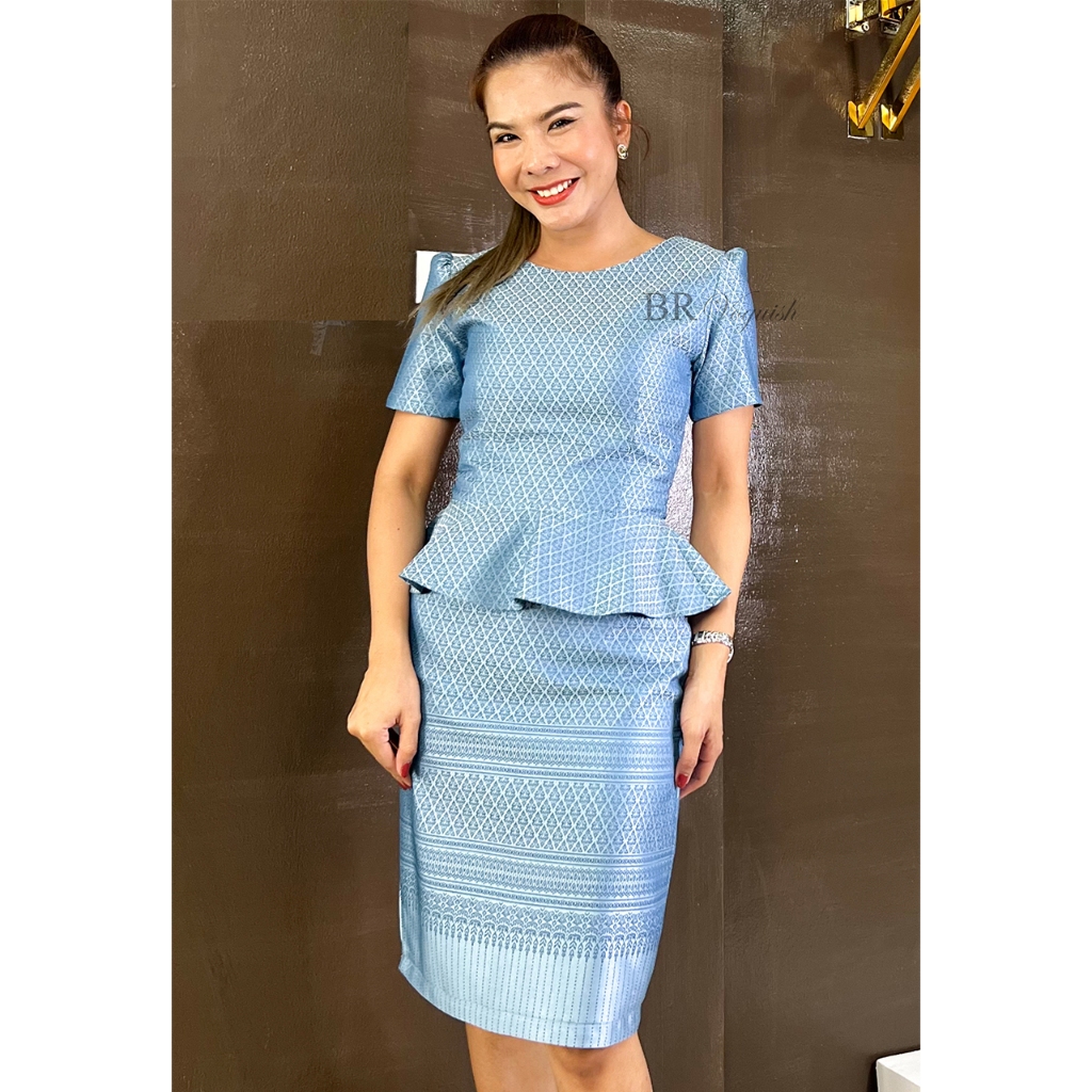 เดรส ไทยจันทร์ฉาย งานผ้าไทยลายสุโขทัย แขนสั้น เอวระบาย BR Voguish